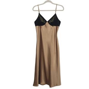 Morgan Taylor Intimates Gold Satin Slip Dress Sz L Black Velvet Bust Feminine